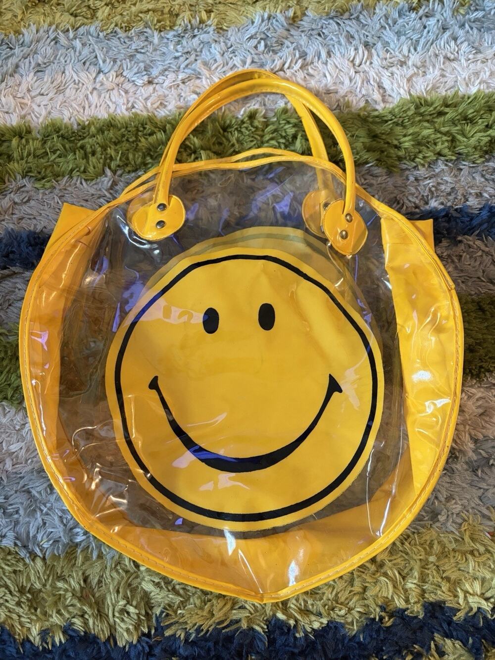 Vintage 1970s Smiley Face Clear Vinyl Tote Bag Mod Groovy Happy Face Purse